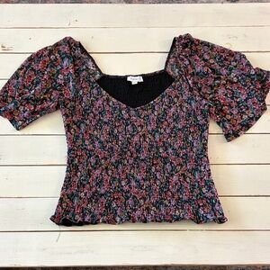 Evereve Floral Smocked Blouse - Black and Pink, Large